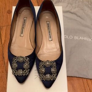 Manolo Blahnik Navy Satin Flats